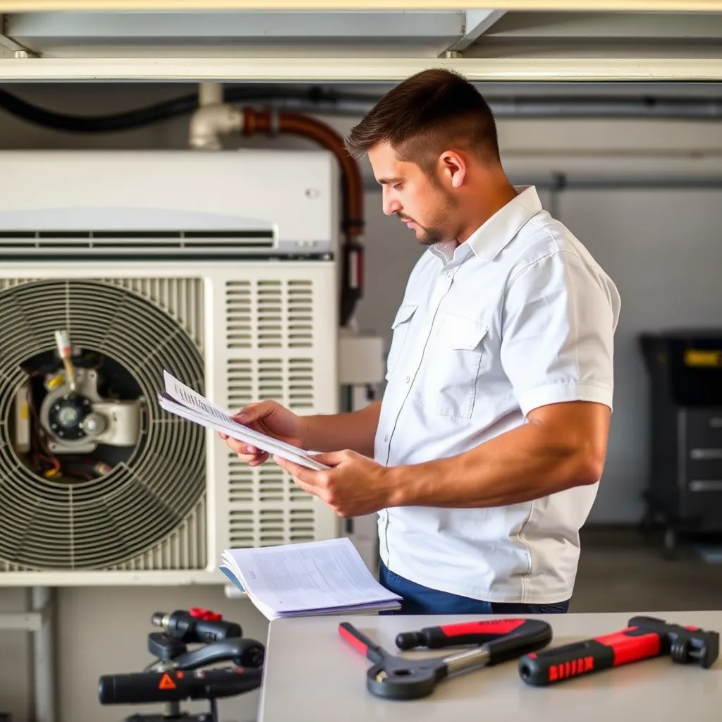 An HVAC technician examining a malfunctioning air conditioning unit while taking notes, with tools laid out on a nearby table. The setting is an hvac closet near a garage with a sense of urgency and professionalism.