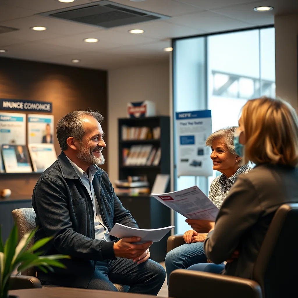 An inviting office setting showing a financing consultation in progress, with a friendly HVAC representative explaining options to a couple. The background features brochures about HVAC financing and offers a warm, welcoming ambiance.