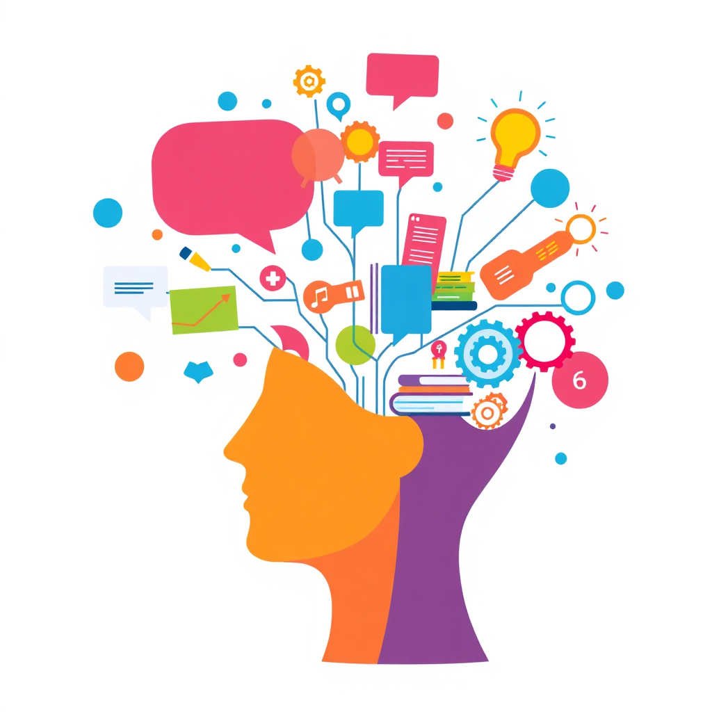 Ilustración conceptual de aprendizaje visual de inglés con iconos y formas dinámicas.