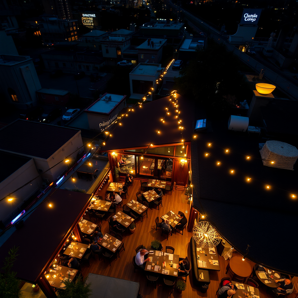 Restaurante con terraza iluminada