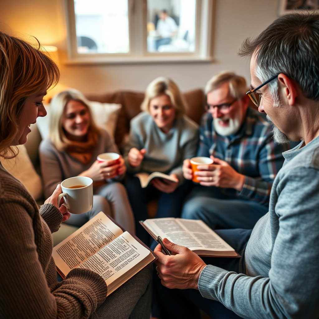 Adults in a living room having a study group