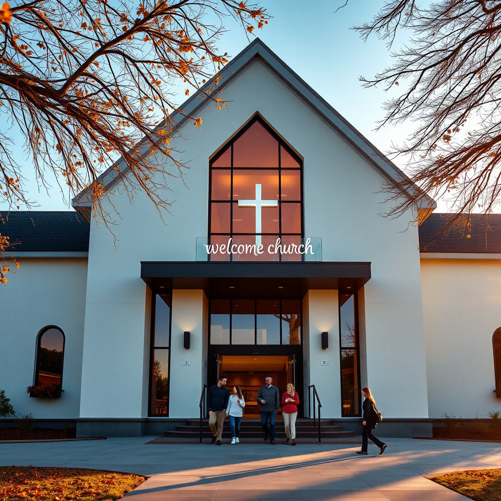 People walking into the church building at golden hour