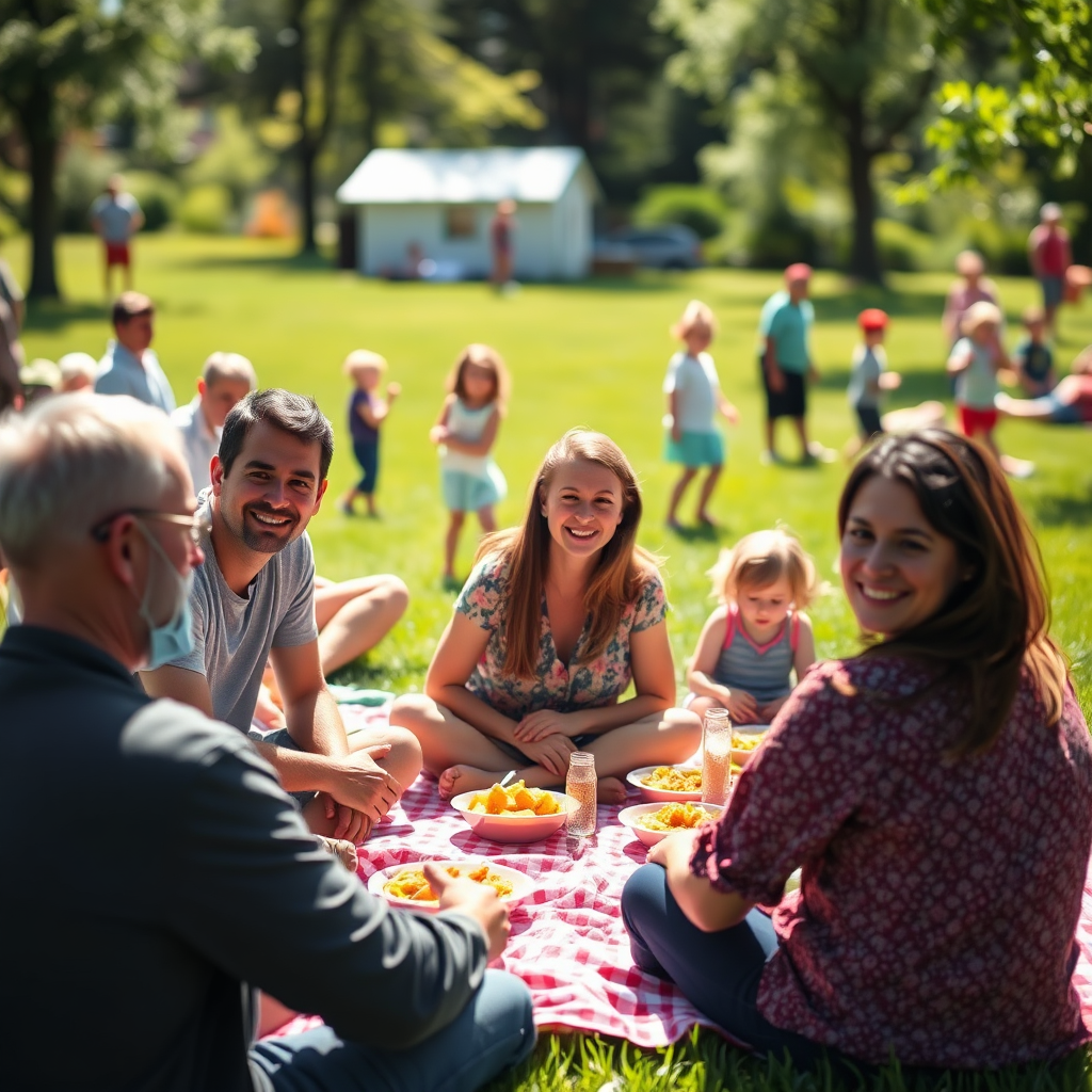 Families enjoying a church picnic outdoors