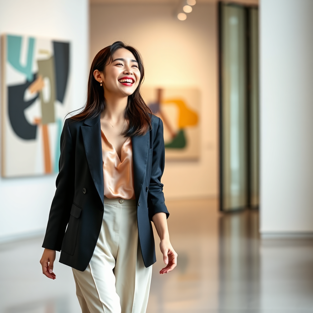 Aisha Kim in a modern art gallery