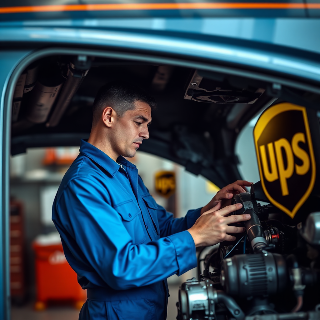 Mechanic working on a UPS truck engine