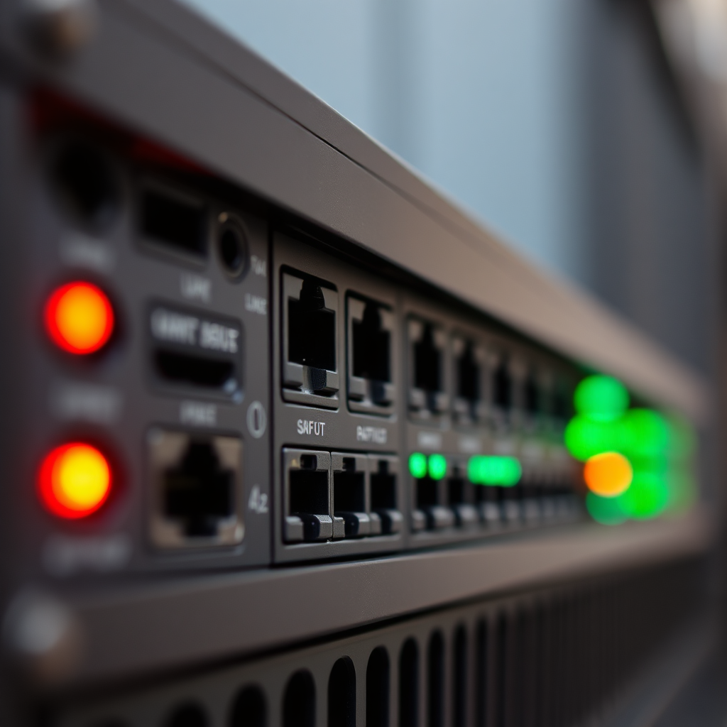 Close-up of UPS ports and lights