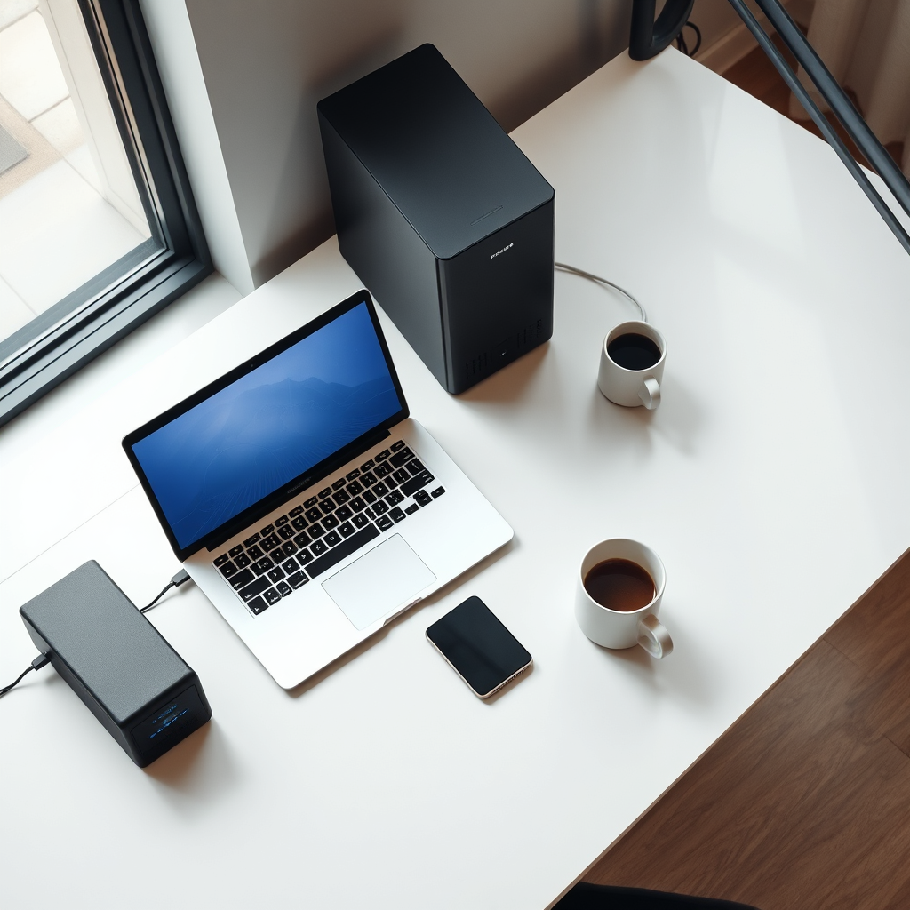 Modern desk setup with UPS