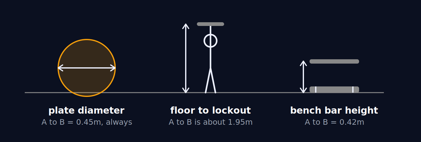 Reference points for plate diameter, floor to lockout, and bench bar height.