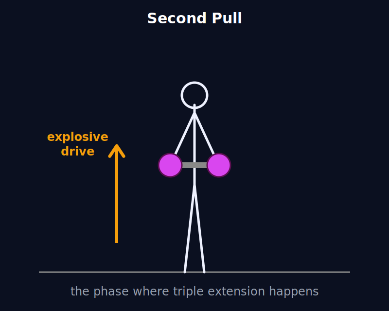 Second pull: explosive drive phase where triple extension happens.