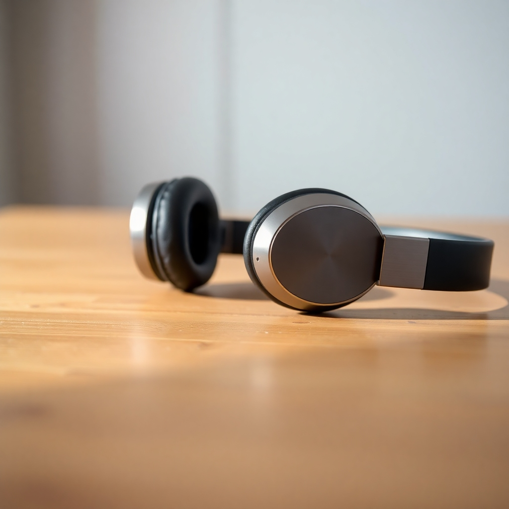 A close-up, photorealistic shot of a pair of premium, AI-enhanced noise-canceling headphones resting on a minimalist wooden table.  The headphones should have a modern, sleek design, with subtle details showcasing advanced technology.  The background should be blurred softly, emphasizing the headphones.  The lighting should highlight the material texture of the headphones and create a sense of high quality and sophistication. The image should evoke a feeling of calm and focus, suggesting the headphones' noise-canceling capabilities.