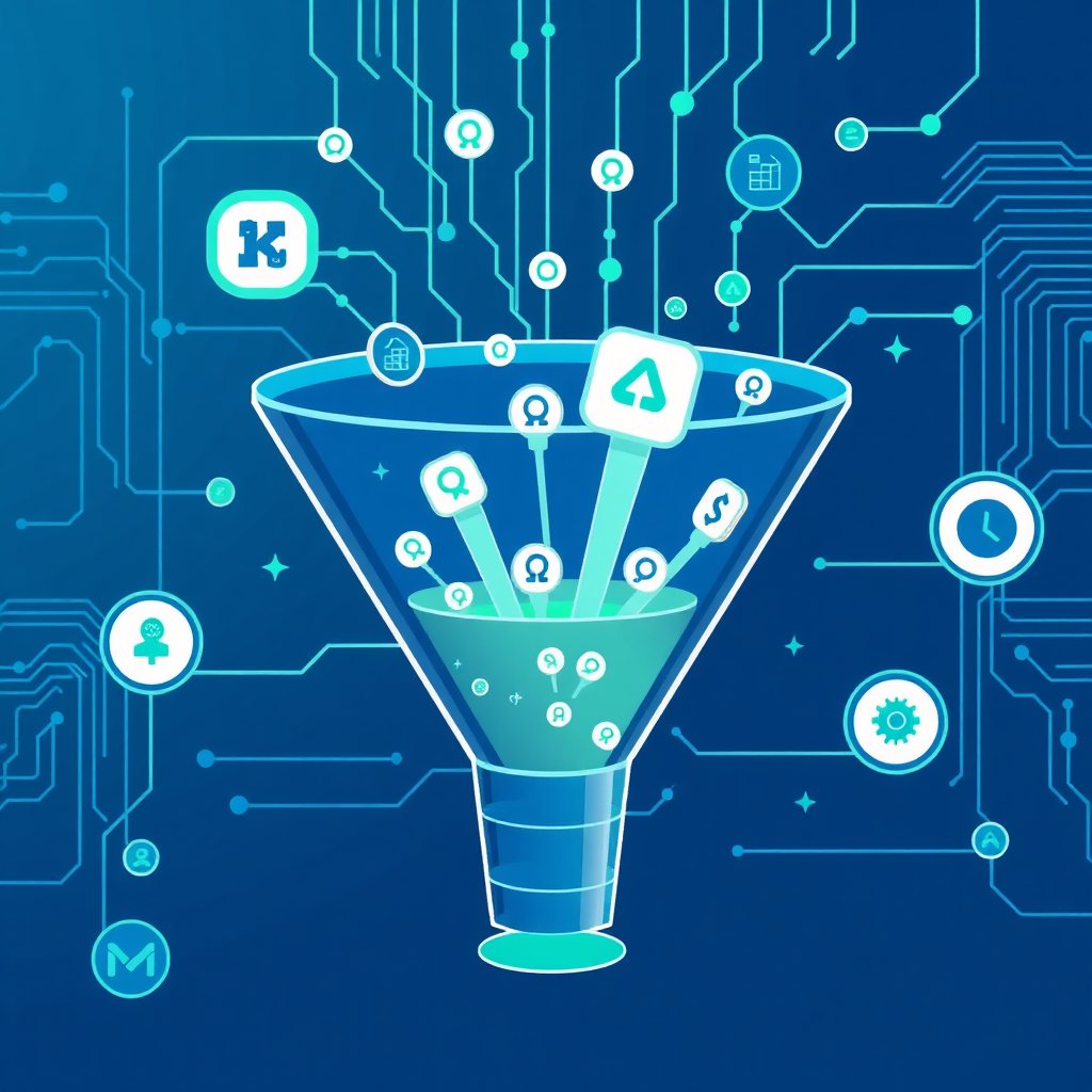 A digital funnel with leads flowing through it, being analyzed and categorized by AI. Visual cues to represent the filtering and nurturing process. Cool blues and greens representing efficiency. Stylized vector art, clean and informative. 4K resolution, high quality.