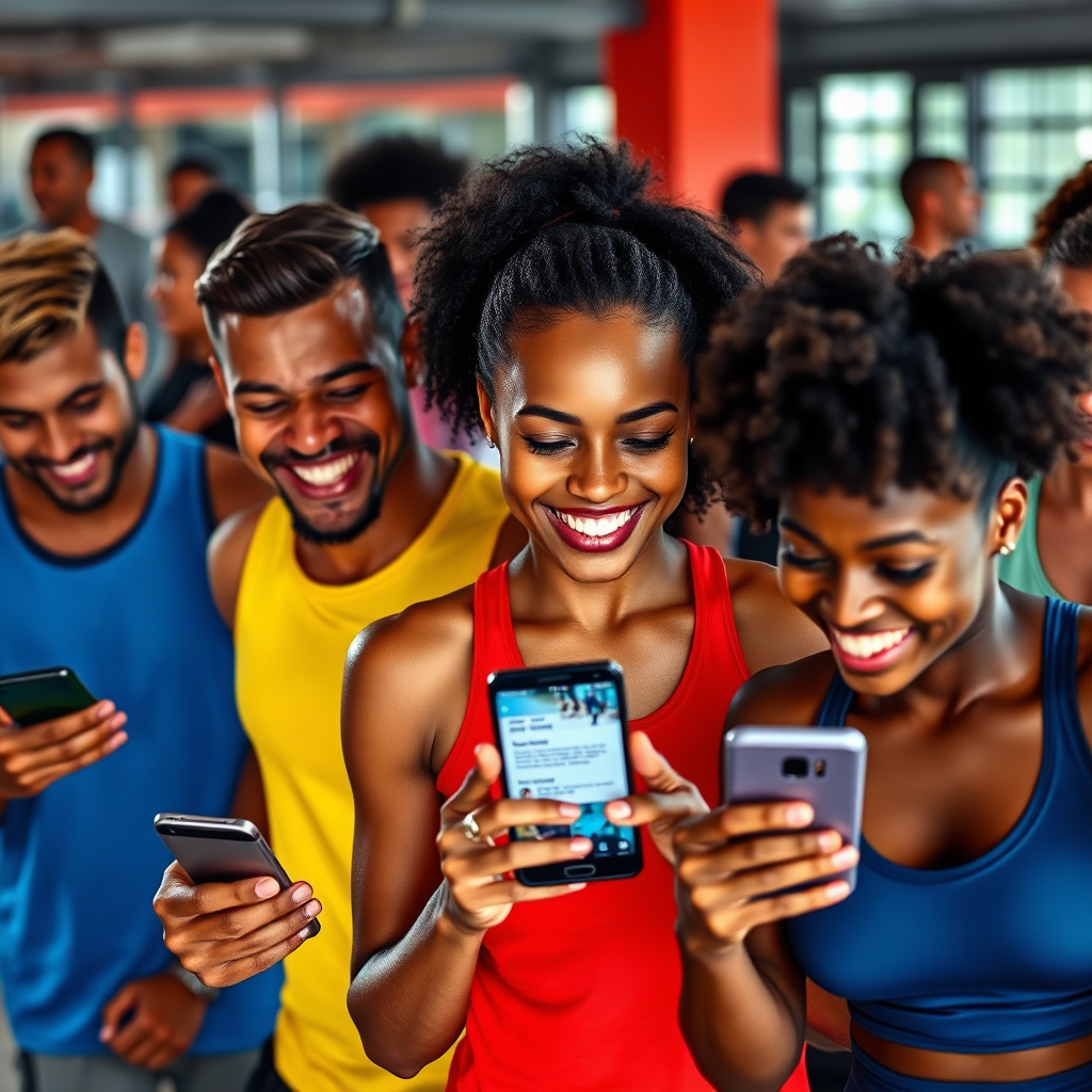 A diverse group of gym members actively engaging in various fitness activities, all smiling and interacting with their smartphones. The smartphones display personalized content and notifications related to their fitness goals and gym activities. The color palette is vibrant and energetic, reflecting the positive atmosphere of the gym. Focus on conveying the concepts of community, personalization, and motivation. Photorealistic rendering, high detail.