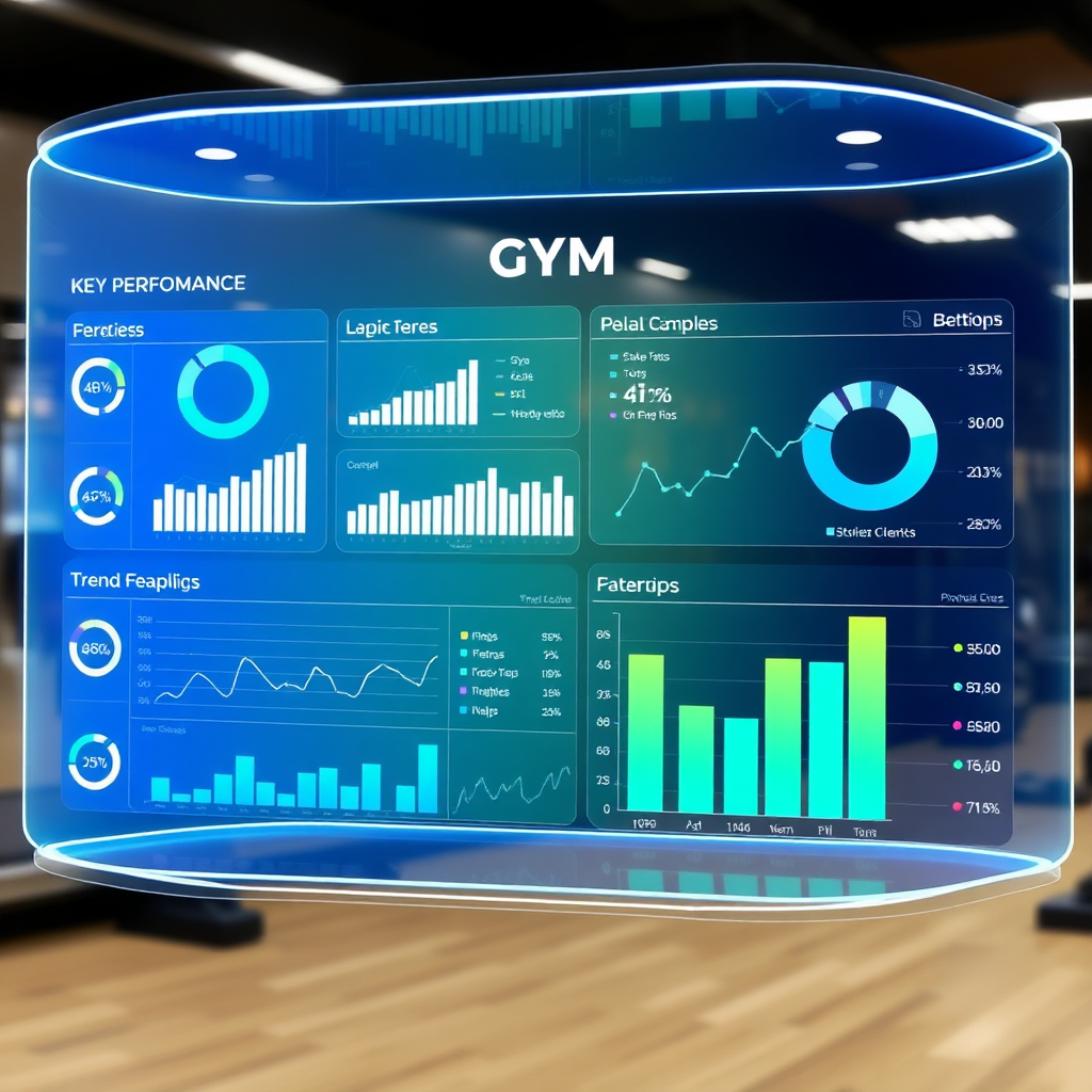A holographic display showing key performance indicators (KPIs) and trends for a gym. Use graphs, charts, and heatmaps to visualize the data. The color palette is clean and modern, with blues, greens, and whites. Focus on conveying the accessibility and interpretability of the data. 4K resolution, high quality.