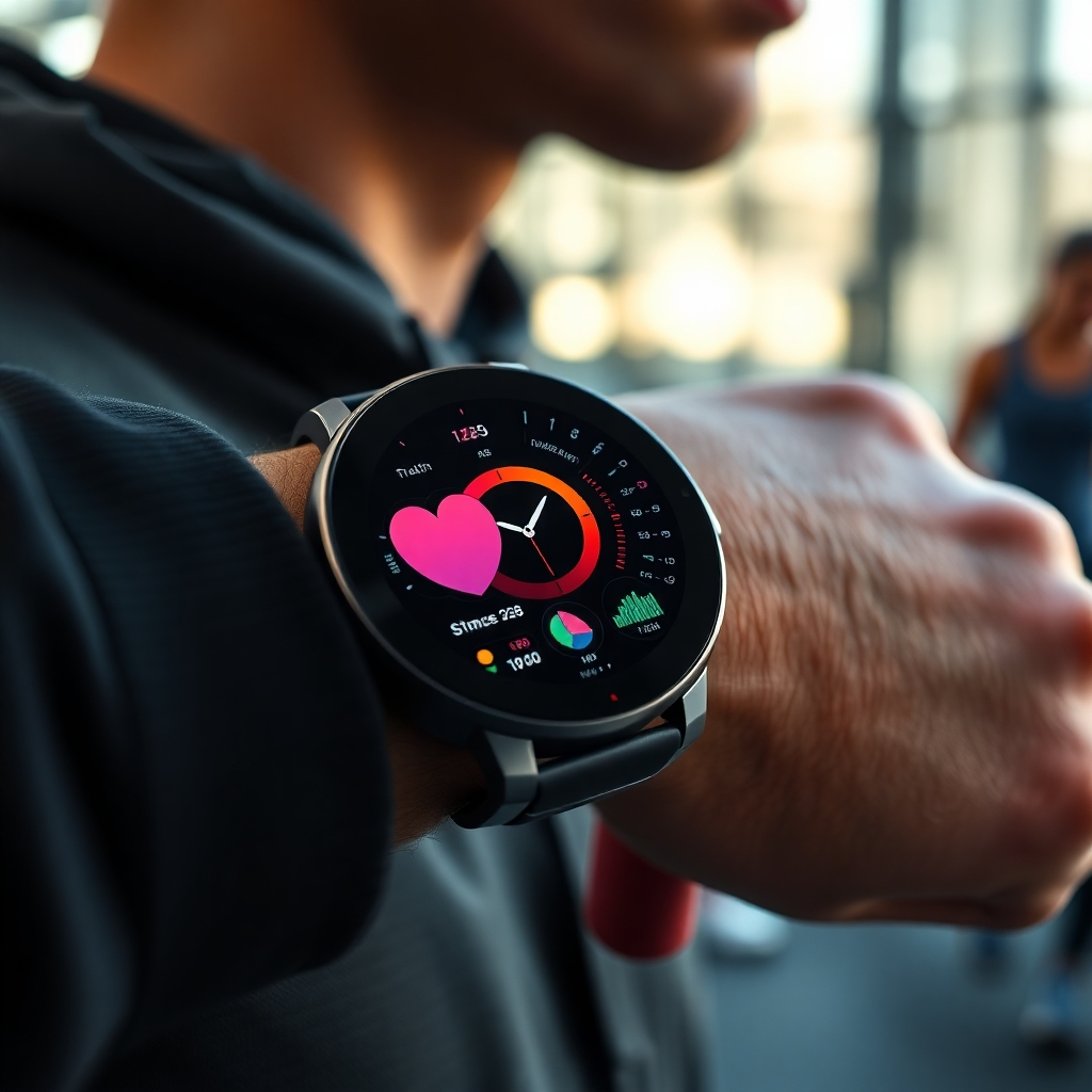 A photorealistic close-up shot of a person wearing a sleek, futuristic smartwatch with a vibrant display showing detailed health and fitness data, such as heart rate, sleep patterns, and workout summaries. The background should subtly show a gym or outdoor fitness environment, highlighting the versatility of the wearable. The image should focus on the advanced features and the visually appealing interface.