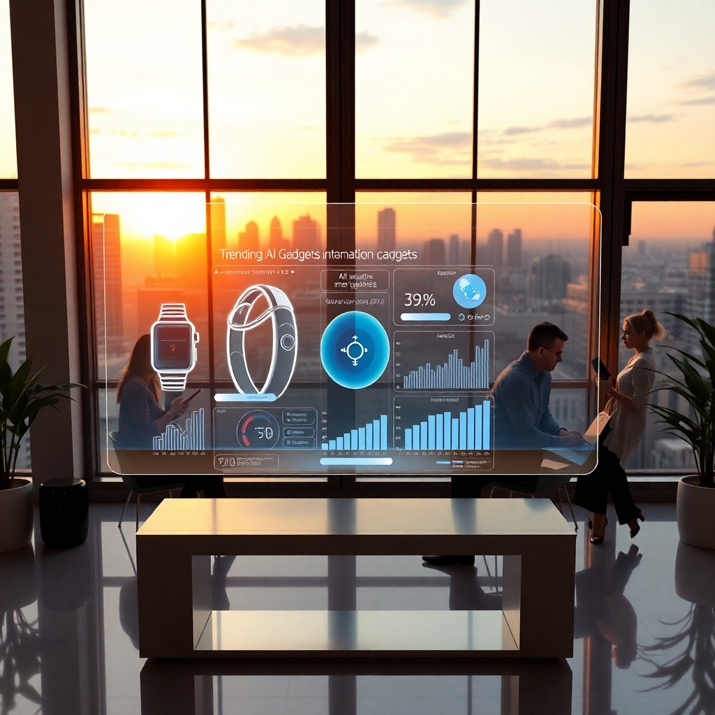 A photorealistic image, 8K resolution, hyperrealistic detail, soft diffused lighting, warm color palette conveying a sense of innovation and excitement.  The scene depicts a clean, modern office space with large windows overlooking a cityscape at sunset.  The central focus is a sleek holographic display showcasing trending AI gadgets – smartwatches, AR glasses, and a voice-activated home assistant – with data visualizations (graphs and charts) illustrating market trends and consumer interest.  The display should have a futuristic, elegant aesthetic.  The camera angle is slightly elevated, looking down on the display at a 30-degree angle.  Materials should include glass, polished metal, and high-quality plastic.  In the background, a team of professionals (3-4 people) is collaboratively working on laptops and tablets, discussing the data on the display. The overall mood is optimistic and forward-looking.  Style reference: blending the style of Syd Mead and Annie Leibovitz.  Environment: a modern, minimalist office with abstract geometric art pieces and plants.