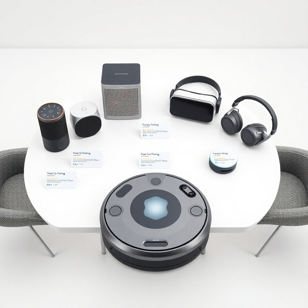 A photorealistic image, 8K resolution, soft, even lighting, neutral color palette creating a clean and professional look. The scene showcases a clean, white table with several AI gadgets neatly arranged: smart speakers, headphones, a virtual reality headset, and a robotic vacuum cleaner. Each gadget has a small, clean placard with key features and ratings.  The background is a minimalist studio setting.  The camera angle is a high-angle shot directly facing the table, creating a clean and symmetrical composition.   Materials are clearly showcased: smooth plastic, brushed aluminum, woven fabrics.  The image should emphasize clarity and detail, making each product easily identifiable.  Style reference: combines the style of high-end product photography catalogs with the simplicity of minimalist interior design.  The overall mood is informative and objective.
