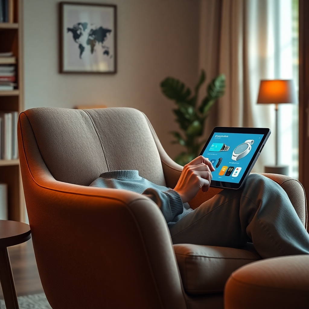 A photorealistic image, ultra-high quality, dramatic side lighting, cool color palette with pops of vibrant accent colors.  The image shows a person sitting in a comfortable, modern armchair, using a tablet to explore various AI gadgets.  The gadgets (smart home devices, fitness trackers, etc.) are visually displayed on the tablet screen in a user-friendly interface. The armchair is made of luxurious, soft materials.  The environment is a home office/library setting with soft, natural textures (wood, wool).  The camera angle is a medium shot, slightly tilted, focusing on the person's interaction with the tablet.  The lighting should highlight the technology and the person's engaged expression.  Technical specs: 8K resolution, hyperrealistic rendering. Style reference: similar to the minimalist product photography of Apple, with a touch of human-centric warmth.  Include subtle background details of books, plants, and natural light.