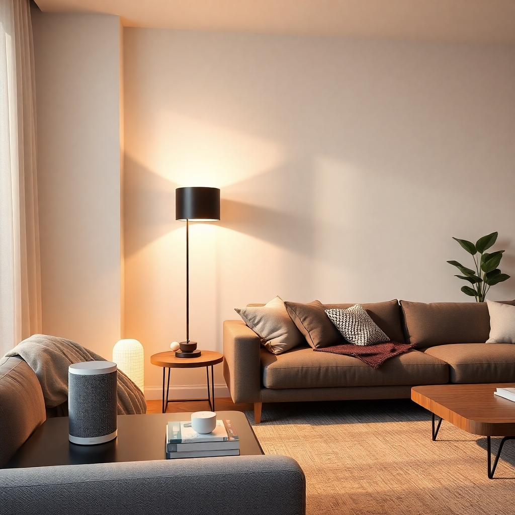 A photorealistic image depicting a modern, stylish living room with various smart home devices subtly integrated, such as a smart speaker on a side table, smart lights casting a warm glow, and a security camera discreetly mounted in a corner. The scene should convey a sense of seamless integration and effortless control, emphasizing the ease of use and sophisticated design of AI-powered smart home technology.  The lighting should be soft and inviting, with a focus on the subtle technological integration into the home environment. The overall aesthetic should be clean, minimalist, and modern.