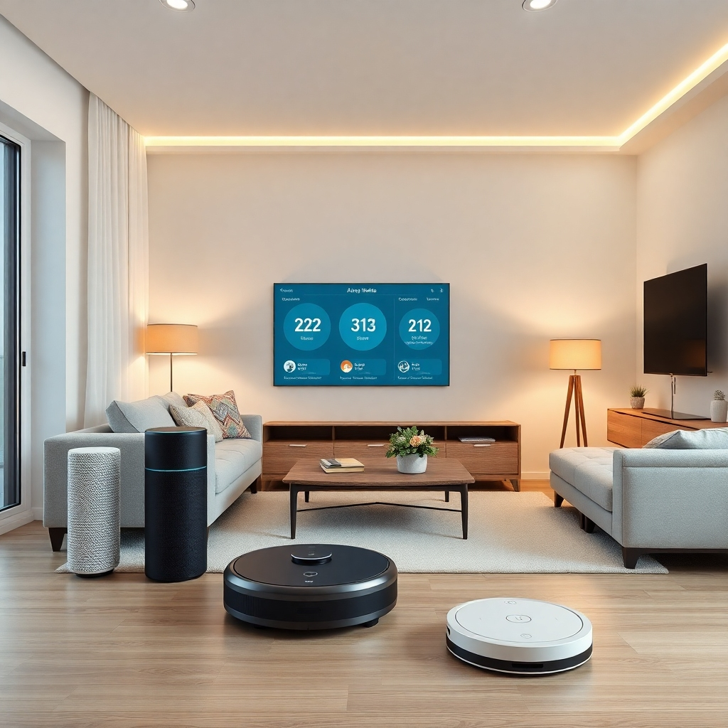 A photorealistic image of a modern living room with various smart home devices like AI-powered speakers, smart lights, and a robotic vacuum cleaner seamlessly interacting, displaying a user-friendly interface on a central tablet showing personalized automation routines. The scene should be bright, clean, and modern, with a focus on the integration and ease of use of the technology.