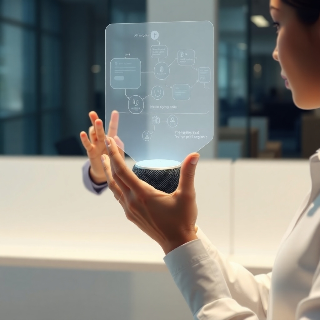 A photorealistic image of a person interacting naturally with a futuristic-looking AI-powered smart assistant device. The device could be a sleek, minimalist speaker or a holographic projection. The interaction should be depicted as seamless and intuitive, showcasing the assistant's ability to understand and respond to complex requests. The background should be a modern, well-lit workspace, to create a sense of professionalism and efficiency. The image should highlight the device's elegance and advanced technological capabilities, showing its smooth integration into a person's daily workflow.