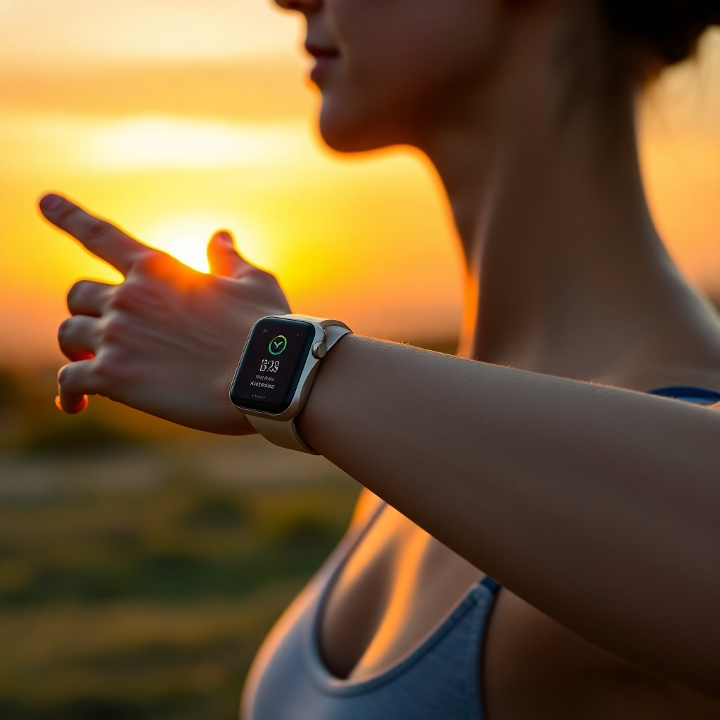 A photorealistic image of a person wearing a sleek, futuristic-looking smartwatch and fitness tracker, engaging in a morning yoga session outdoors. The background is a vibrant sunrise, creating a positive and energetic mood.  The image should clearly highlight the wearable's design and functionality, with subtle visual cues illustrating data collection and feedback such as heart rate, steps, and sleep patterns being seamlessly displayed on the watch's screen. The overall message should promote the health benefits and convenience of using AI-powered fitness technology.
