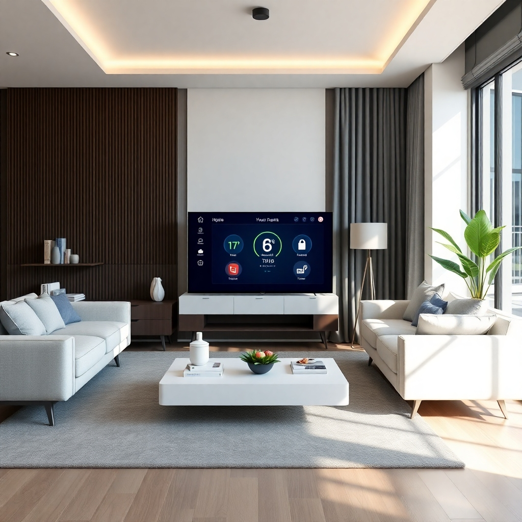 A photorealistic image of a sleek, modern AI-powered smart home hub, centrally located in a stylish living room.  The hub's screen displays a user-friendly interface showing home automation controls (lights, thermostat, security).  The room should be brightly lit, showcasing the hub's integration with the home environment.  Focus on the hub's design and the visual representation of its AI capabilities, with subtle lighting effects suggesting smart functionality. High-resolution, detailed textures are a must.