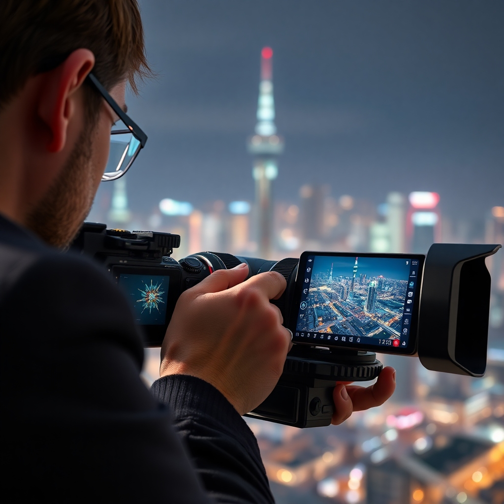 A photorealistic image showcasing a professional photographer using a high-end AI-powered camera to take a stunning shot of a vibrant cityscape at night. The camera should have a futuristic design. The image should be sharply focused on both the photographer and the city, with the camera’s interface clearly displaying AI-assisted settings and real-time image enhancements. The overall mood is sophisticated and technologically advanced.