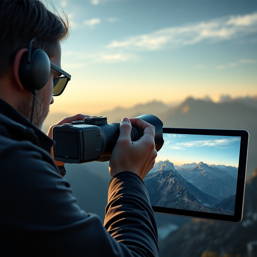 A photorealistic image showcasing a professional photographer using a cutting-edge AI-powered camera to capture a breathtaking landscape. The camera should be sleek and modern. The landscape should be vividly detailed, with the AI-enhanced features subtly highlighted. Include a secondary image on a tablet showcasing the AI-powered editing software processing the image, enhancing its colors, sharpness, and composition intelligently.  The focus should be on the seamless blend of technology and artistry, showcasing the potential of AI to improve creativity in photography and videography.