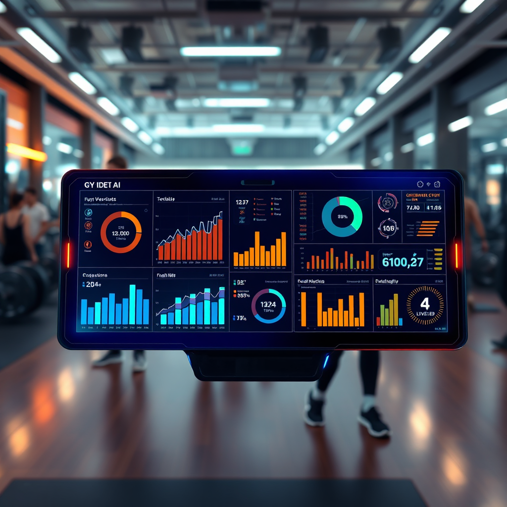 A photorealistic, ultra-high quality image showcasing the power of AI in a modern gym setting. The scene features a sleek, futuristic control panel overlayed on a busy gym floor. The control panel displays dynamic data visualizations, charts, and real-time performance metrics related to gym operations, social media engagement, and lead generation. Gym-goers are subtly blurred in the background, suggesting constant activity. The lighting is bright and energetic, with neon accents highlighting key areas of the control panel. The color palette is dominated by blues, greens, and whites, with pops of vibrant orange and yellow. Shot from a slightly low angle to emphasize the scale and impact of the technology. Consider the style of 'Minority Report' interface design. Include subtle textures of metal, glass, and interactive holographic projections. 8K resolution, hyperrealistic detail.