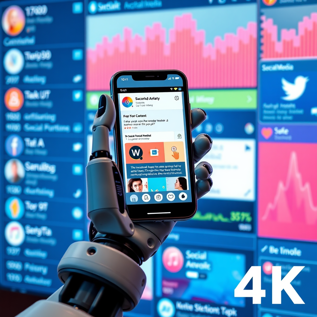 A robot arm holding a smartphone, posting content to various social media platforms. The background is a dynamic display of social media feeds and engagement metrics. Use bright, energetic colors to emphasize the automation and reach of the service. Focus on conveying the concepts of efficiency and scalability. 4K resolution, high quality.