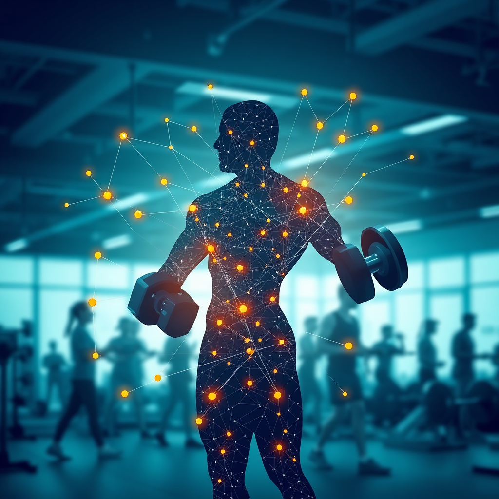 A stylized image representing the fusion of AI and fitness. Visualize a network of interconnected nodes and data streams forming the silhouette of a muscular human figure lifting weights. The background features a modern gym environment with blurred figures working out. The color palette is primarily cool blues and greens, with energetic pops of orange and yellow highlighting the AI network. Use a vector art style with clean lines and geometric shapes. The lighting should be soft and diffused, creating a sense of innovation and progress. Focus on conveying the concepts of connectivity, data-driven insights, and improved performance. 4K resolution, high quality.
