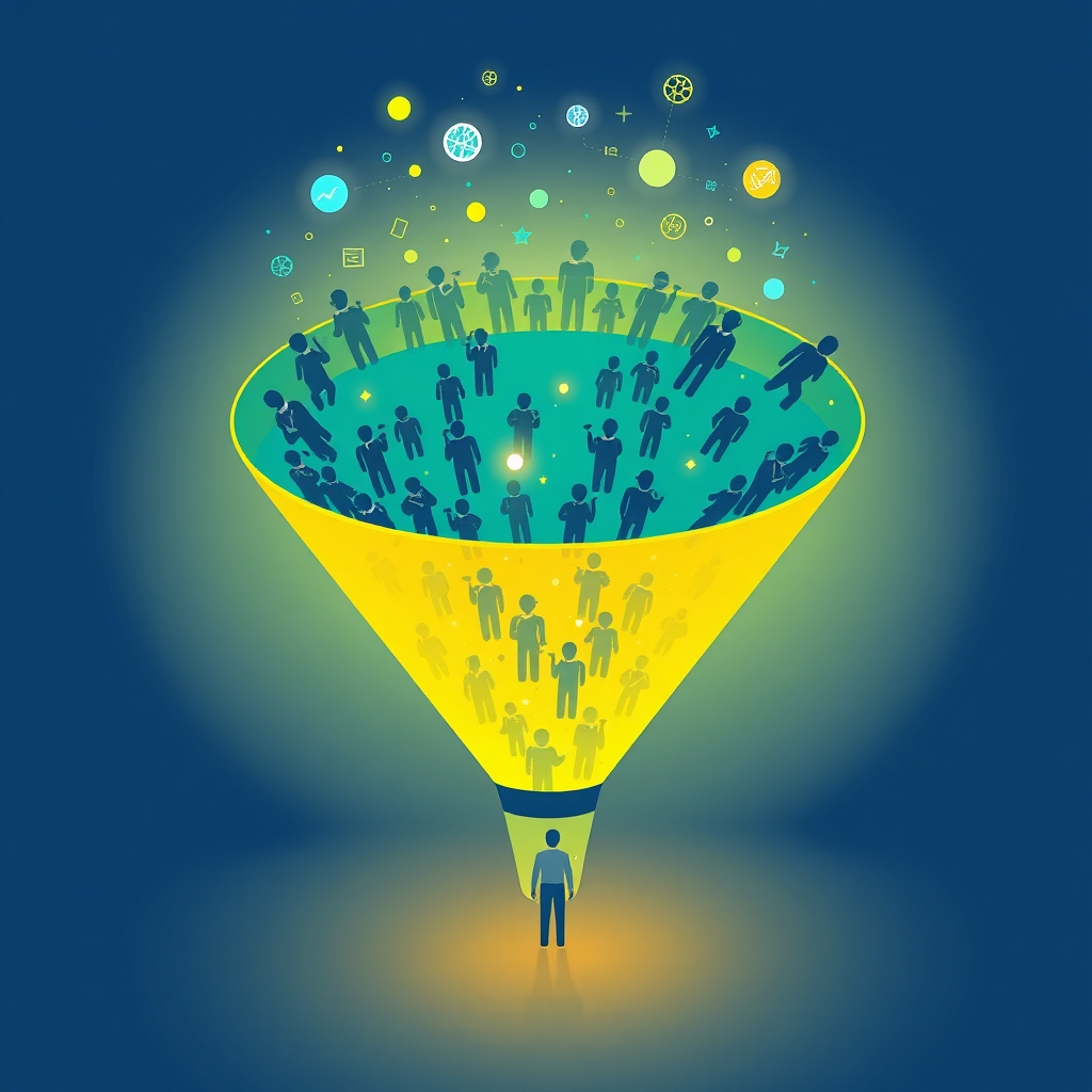  An illustration of a funnel, with numerous leads entering at the top and converting into members at the bottom. Use visual cues to represent AI filtering and nurturing the leads, such as data streams and glowing particles. The color palette progresses from cool blues at the top to warm greens at the bottom, representing the transition from initial interest to active membership. Emphasize the efficiency and precision of the AI-driven lead tracking process. Stylized vector art, clean and informative.