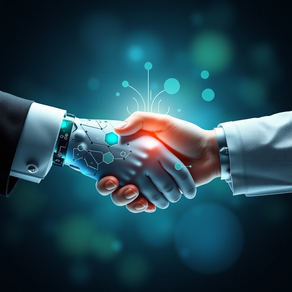 An image depicting a handshake between two digital hands, one representing AI and the other representing a CRM system. Use visual cues to represent the seamless flow of data and communication between the two systems. The color palette is professional and trustworthy, with blues, greens, and grays dominating. Emphasize the reliability and security of the integration. Photorealistic rendering with a touch of stylization.