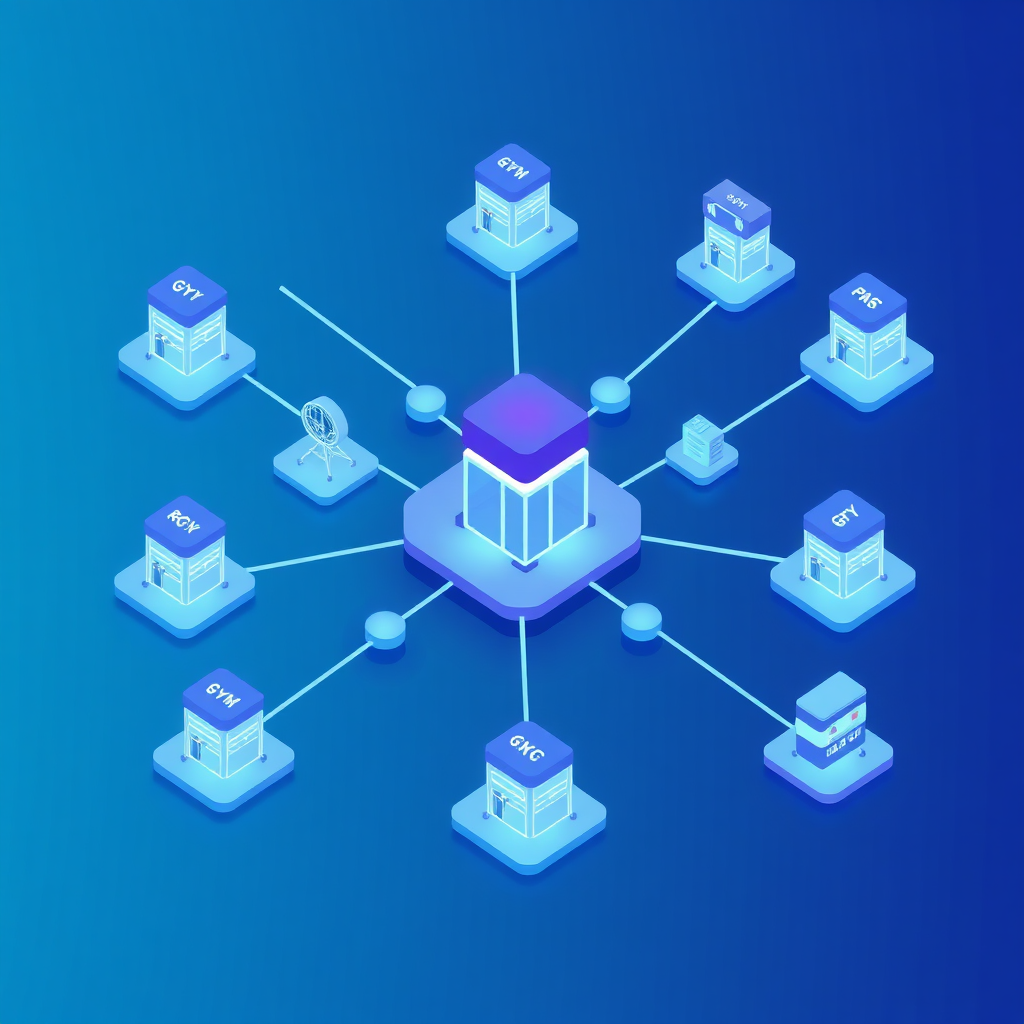 An image depicting a network of interconnected gym locations, all seamlessly integrated and managed by a central AI platform. Use visual cues to represent the scalability and flexibility of the platform. The color palette is modern and dynamic, with blues, greens, and purples dominating. Focus on conveying the concepts of growth, efficiency, and adaptability. Stylized vector art, clean and informative.