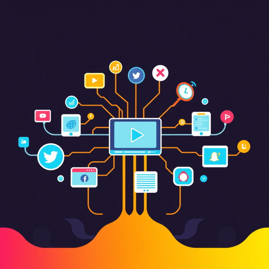 Visualize a central hub of content (e.g., a video, a blog post) with branching pathways leading to various social media platforms and marketing channels. Represent the AI automatically transforming the content into different formats (e.g., short videos, infographics, social media posts). Use bright, energetic colors to emphasize the versatility and reach of the repurposed content. Focus on conveying the concepts of efficiency, scalability, and time-saving. Stylized vector art, clean and informative.