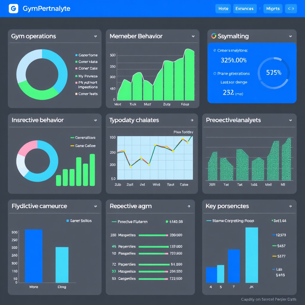 Visualize a dashboard displaying key performance indicators (KPIs) and predictive analytics related to gym operations, member behavior, and marketing campaign performance. The dashboard is clean, intuitive, and easy to understand. Use visual cues to highlight trends, patterns, and opportunities for improvement. The color palette is professional and informative, with blues, greens, and grays dominating. Photorealistic rendering, high detail.