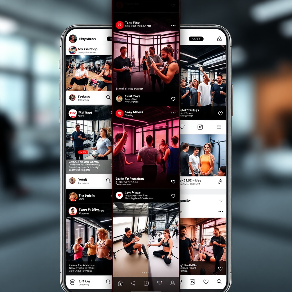  Visualize a dynamic social media feed showcasing content from multiple gym locations. Use a split-screen layout to display posts, stories, and ads running simultaneously. The posts feature diverse gym activities, member testimonials, and promotional offers. Include subtle animations and transitions to simulate a live feed. The color palette is vibrant and engaging, reflecting the energy of the fitness community. Focus on conveying the concepts of efficiency, reach, and consistency. Highlight the seamless integration of multiple locations into a unified social media strategy. Photorealistic rendering, high detail.