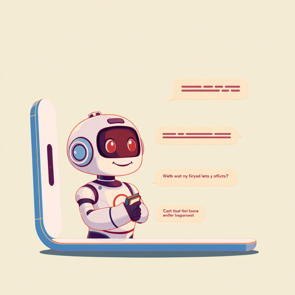 Visualize a friendly and approachable AI chatbot interface within a mobile app. The chatbot is engaged in a conversation with a user, providing helpful information and answering questions. Use warm and inviting colors to create a positive user experience. Focus on conveying the concepts of responsiveness, accessibility, and convenience. Cartoonish style, friendly and engaging.