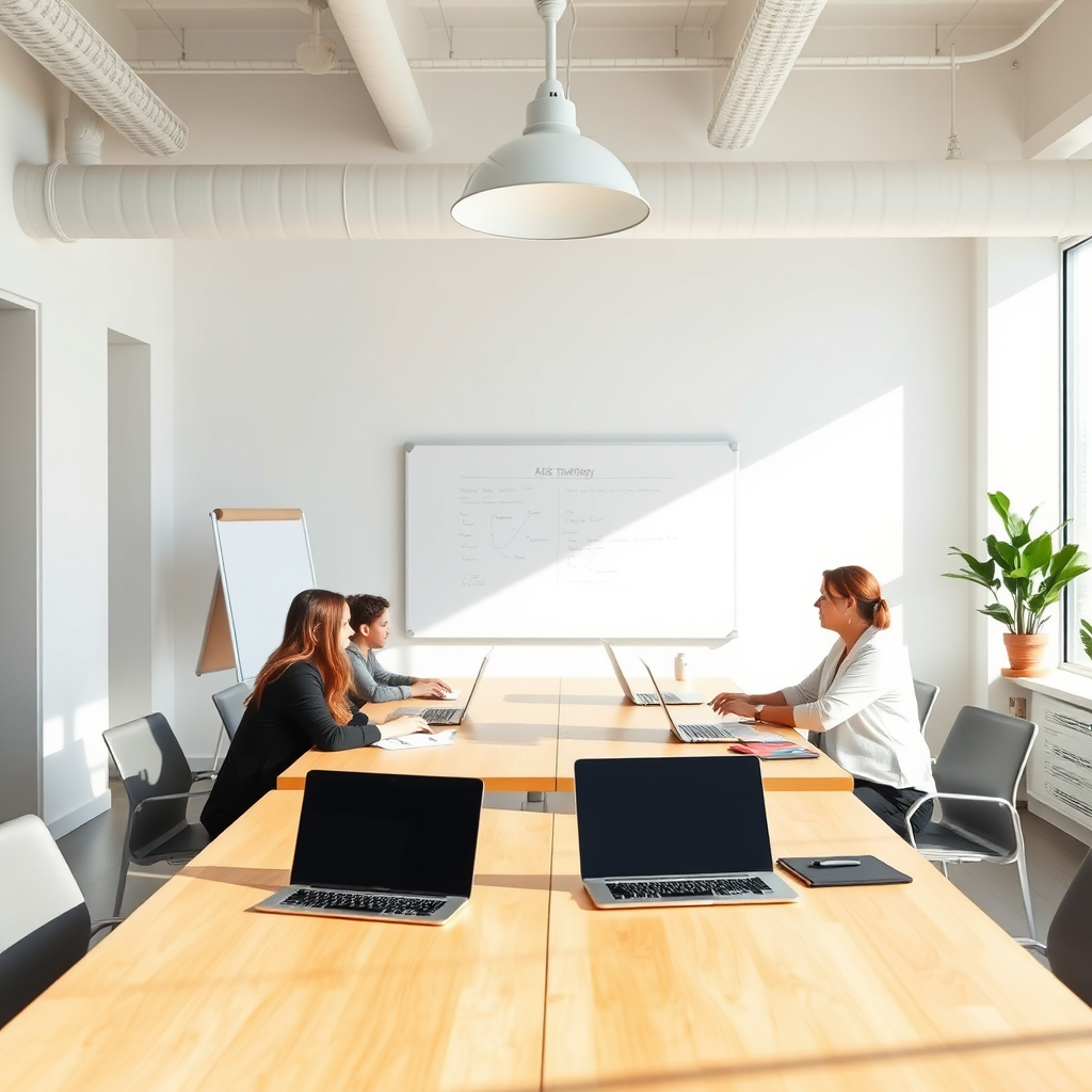 Team planning AI strategy in a bright workspace