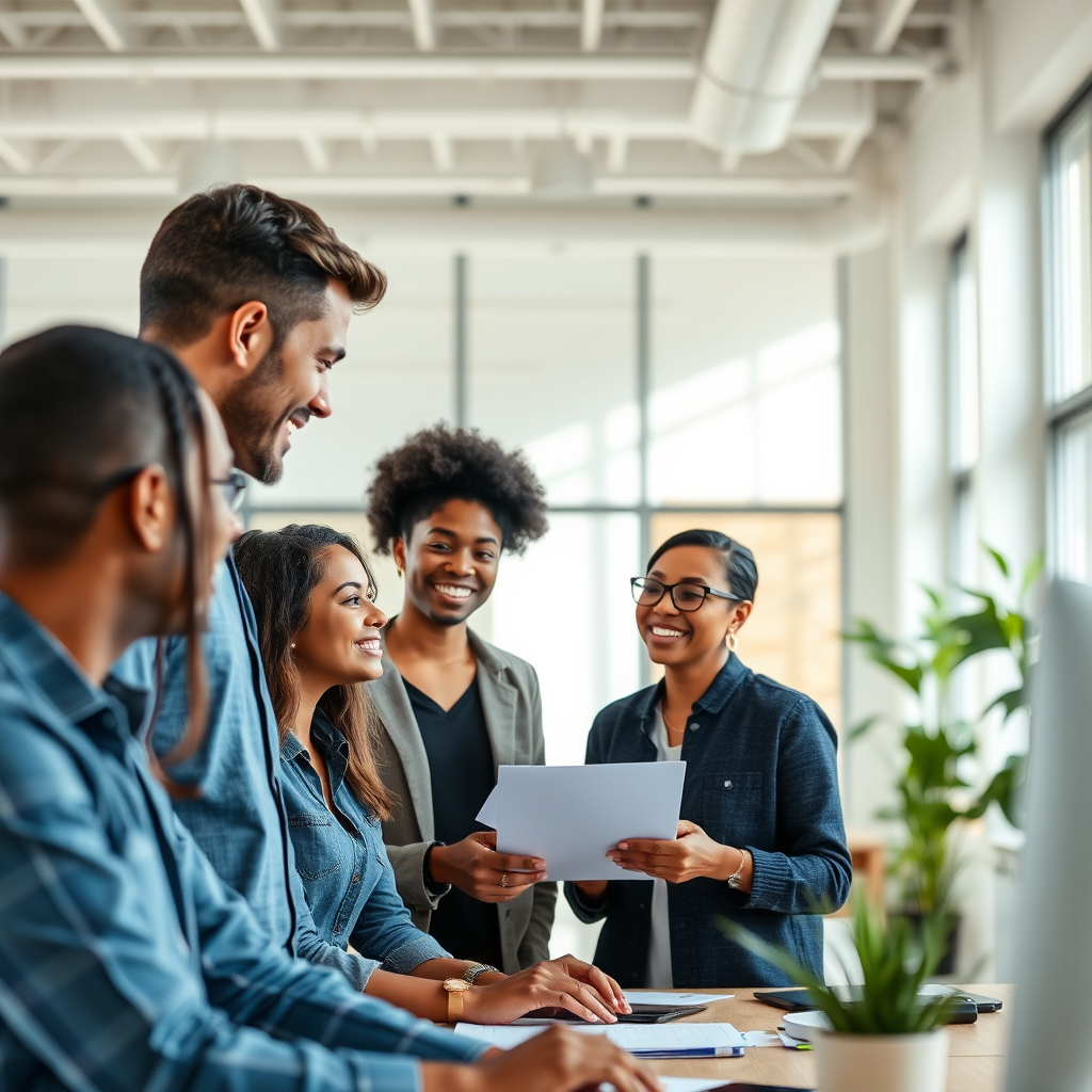 Diverse team collaborating in a bright modern workspace