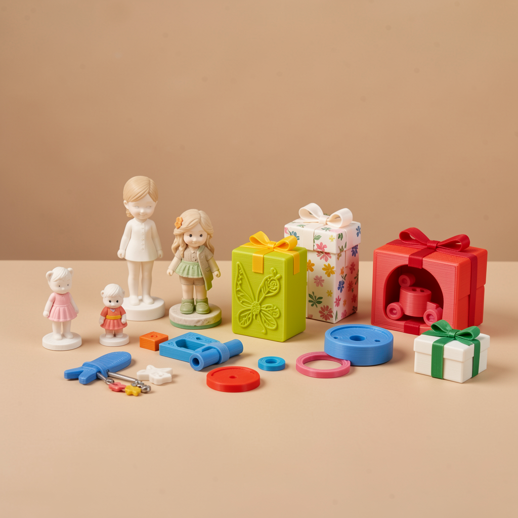 3D printed objects on beige studio tabletop