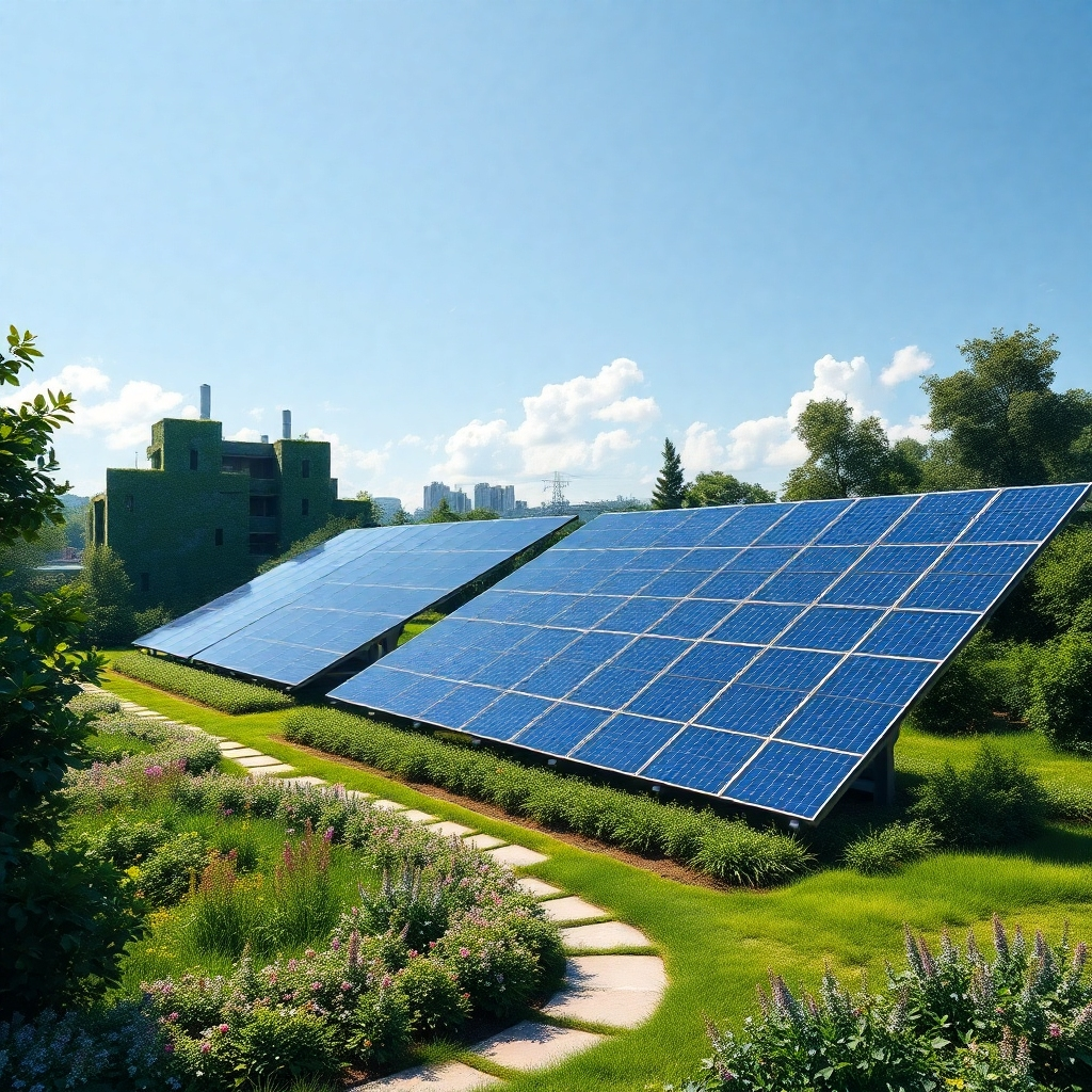 A beautiful landscape showing a blend of technology and nature, such as solar panels integrated into a lush green park. The image should reflect harmony between modern innovation and the natural environment, highlighting sustainability.