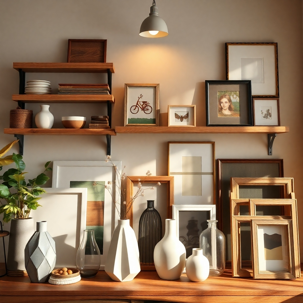 A beautifully arranged display of various DIY home decor styles, including rustic wooden shelves, modern geometric vases, and vintage frames, all styled in a warm, inviting interior space, highlighting the diversity of creativity and personal expression.
