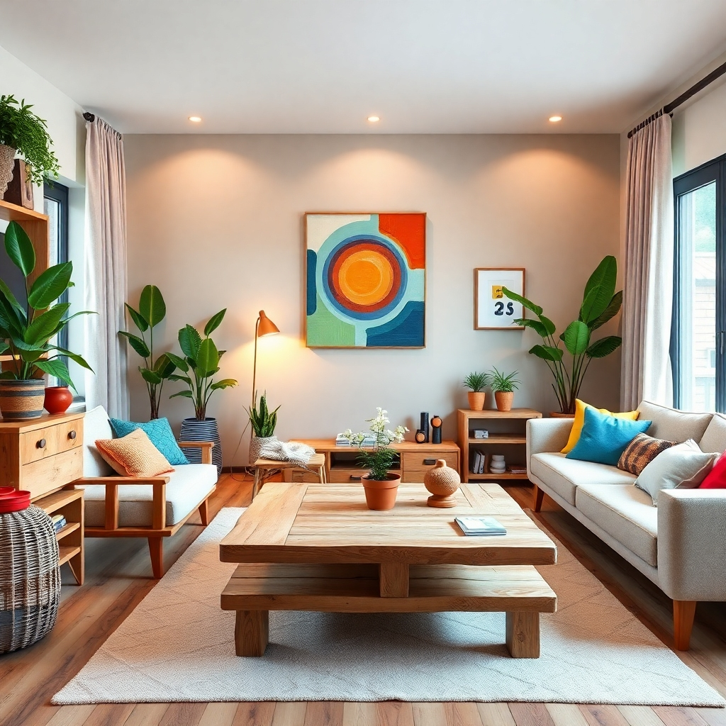 A beautifully designed living room showcasing DIY furniture and decorations. Include a handmade coffee table, colorful wall art, and potted plants. The lighting should be warm and inviting, giving a cozy atmosphere, highlighting craftsmanship.