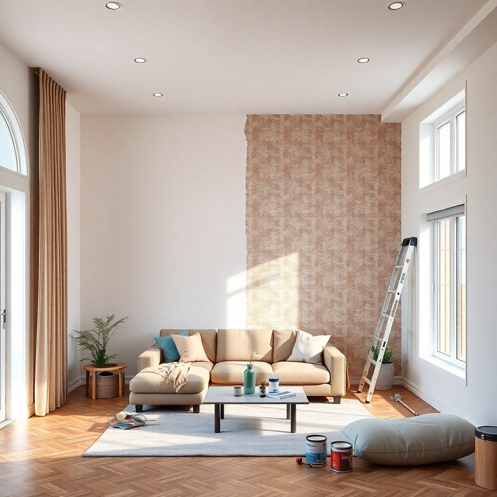 A bright, modern living room being renovated, with half of the wall freshly painted in a soft color while the other half shows old wallpaper. Tools like a ladder and paint cans are visible, emphasizing a transformation in progress.