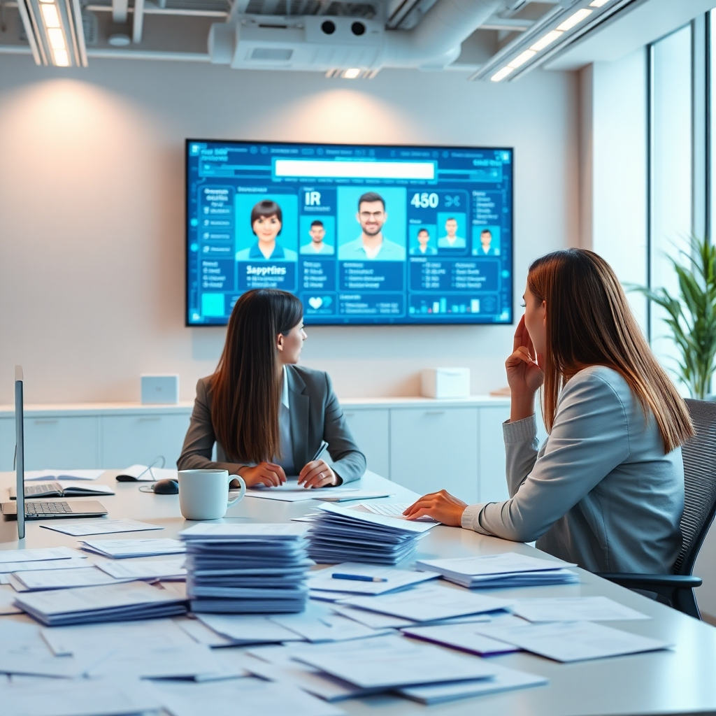 A bright recruitment office scene where an AI interface displays profiles of candidates, with HR staff evaluating them, various resumes scattered on the table, and a digital screen showing a matchmaking algorithm in action.