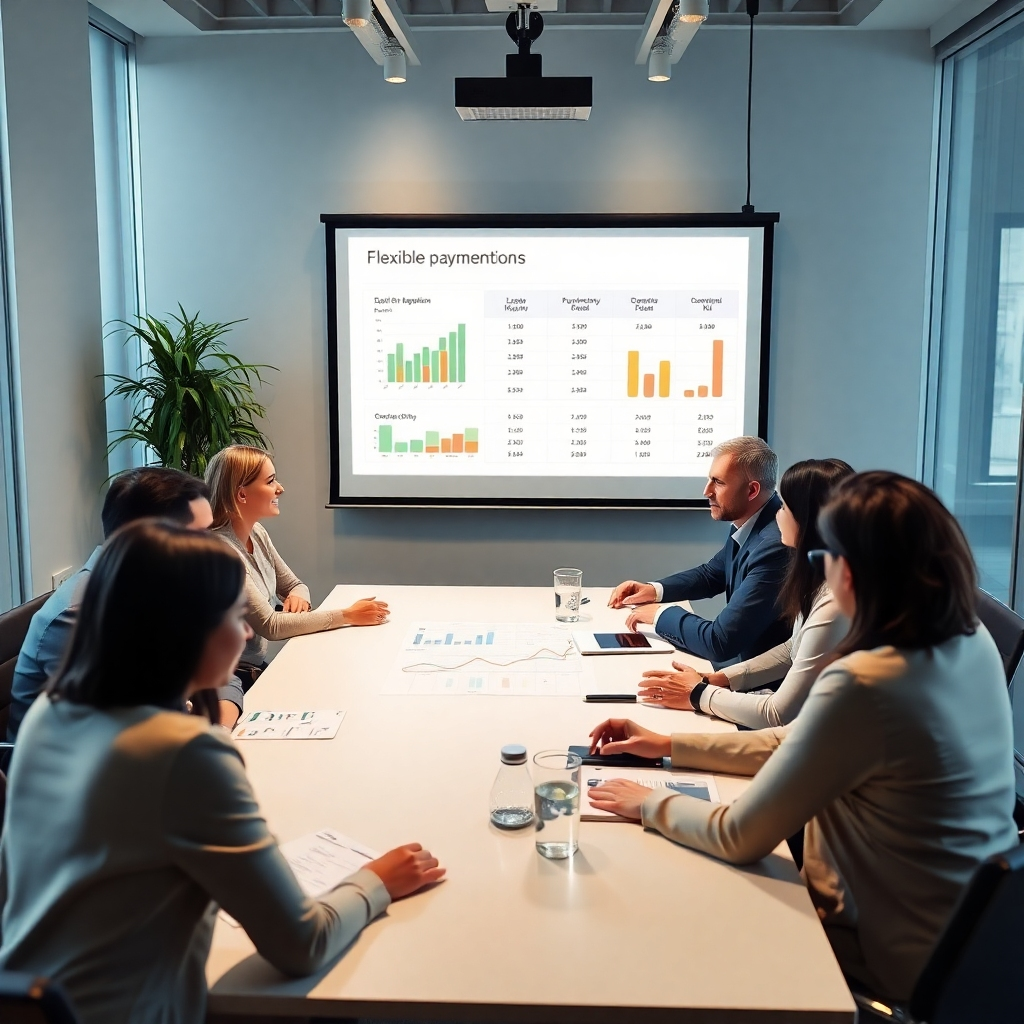 A business meeting scene with a diverse group of professionals discussing flexible payment options. Include graphs and charts on a projector screen, emphasizing adaptability and various pricing plans. The environment should feel collaborative and innovative.