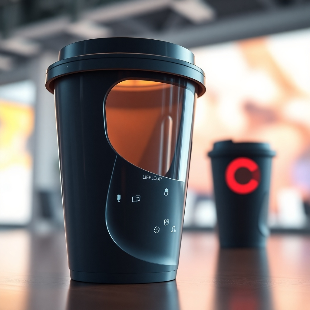 A captivating image of an ordinary object, such as a simple cup, transforming into a futuristic smart cup with innovative features. The background should show a bright and inspirational environment, showcasing creativity and innovation.