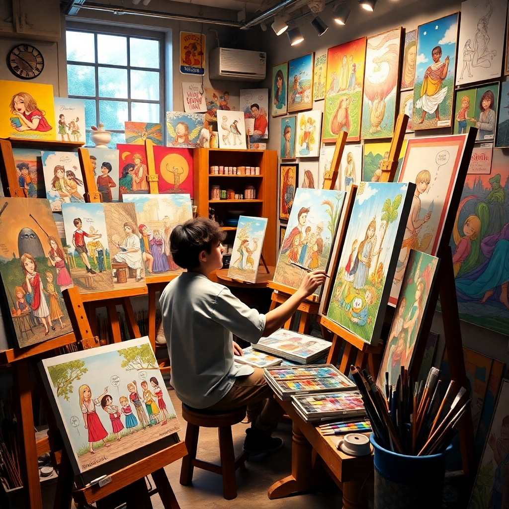 A captivating, photorealistic image of a vibrant art studio, filled with colorful illustrations displayed on easels. The illustrations should depict diverse characters and scenes, with an artist passionately working on a new piece surrounded by paints and brushes.