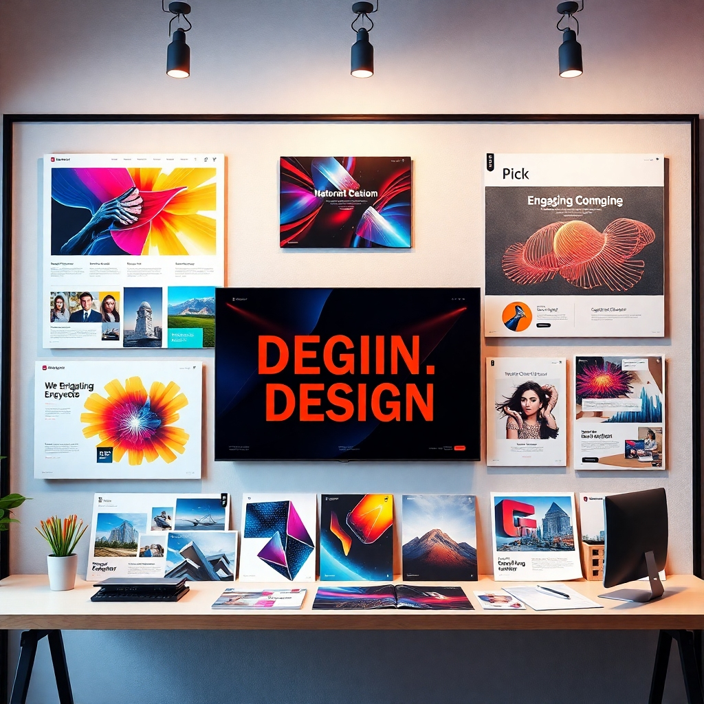 A captivating visual display showcasing several striking graphics and marketing materials that illustrate the concept of engaging design. The setting is a contemporary design studio, featuring mood boards and colorful layout designs.
